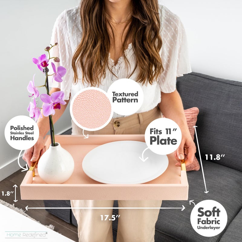 Home Redefined Modern Elegant 17.5"x12" Rectangle Baby Pink Tray Glossy Shagreen Faux Leather Decorative Ottoman Coffee Table Perfume Dresser Kitchen Serving Tray with Gold Polished Metal Handles. - Image 3